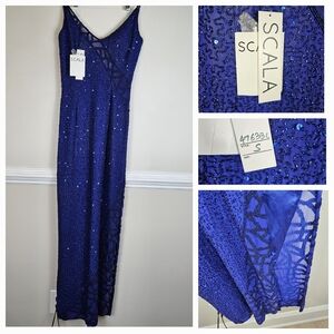 SCALA Fully Beaded Silk Prom Gala Black Tie Maxi Dress Slit Size Small Blue 1010